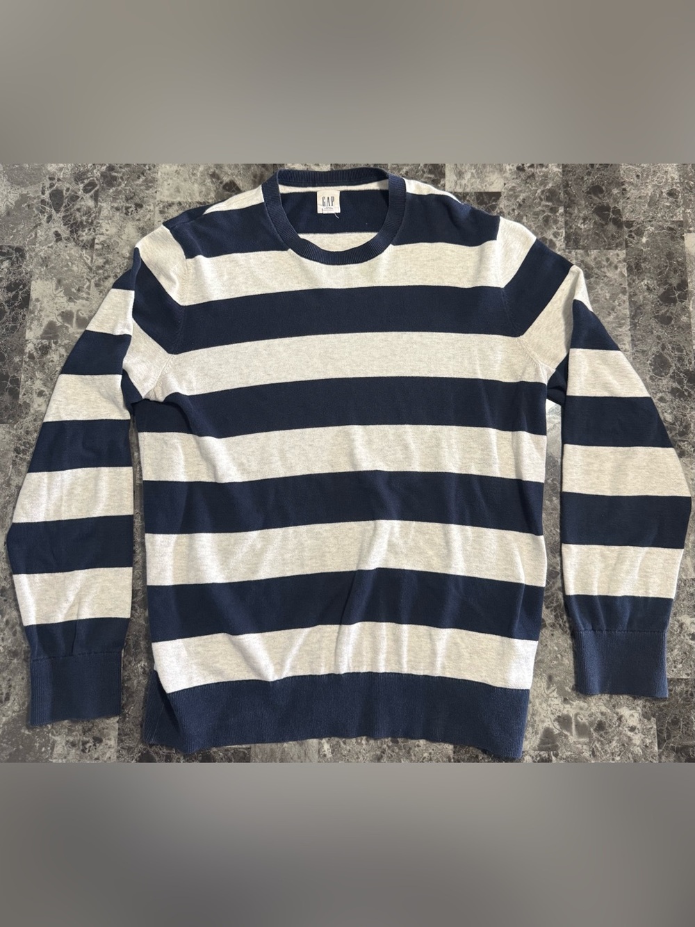 GAP Men's Navy and Light Gray Striped Crewneck Sweater